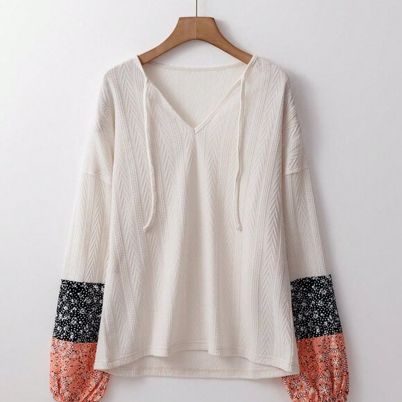 Beige Casual Women's multi Pattern Long Sleeve Loose V-Neck Pullover top - Picture 4 of 8